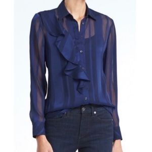 NWT Navy Blue Dillon-Fit Sheer Stripe Ruffle Shirt